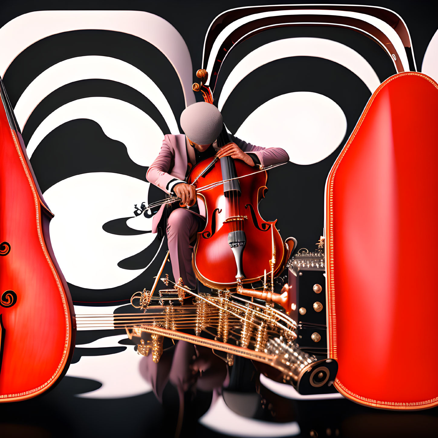 Faceless man in suit playing cello with swirling patterns and golden musical notes