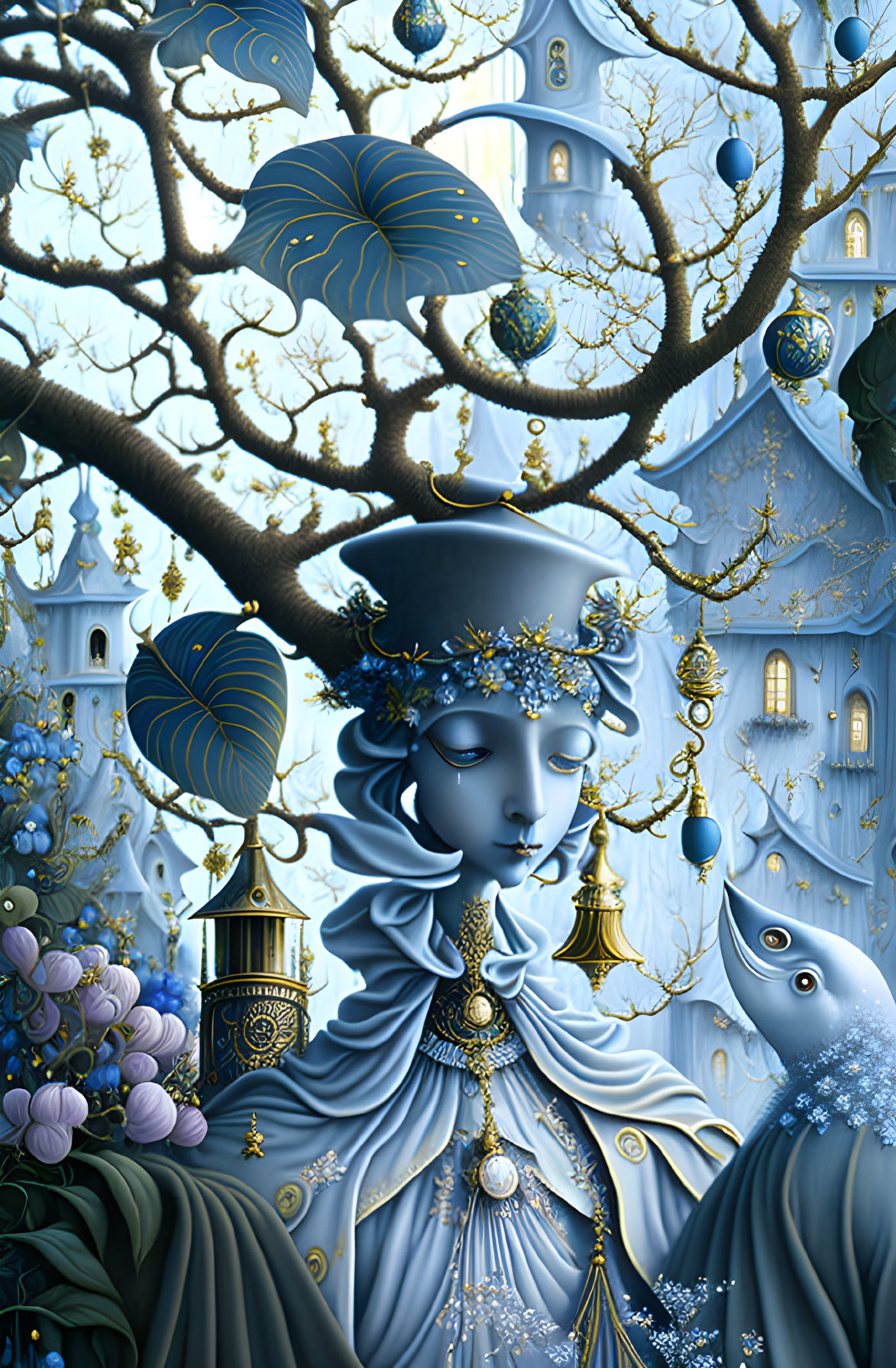 Illustration of blue-toned woman with fairytale castle, gold accents, curious creatures, and