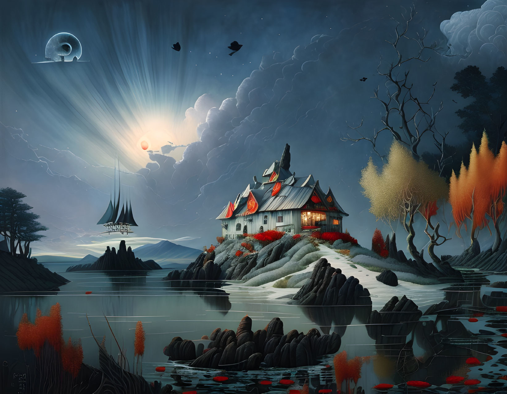 Surreal landscape with lit house, rocky island, sailing ship, birds, moon, sun