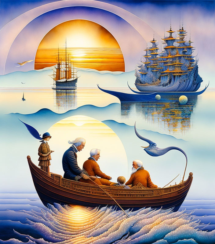 Elderly trio in boat amidst surreal maritime scene