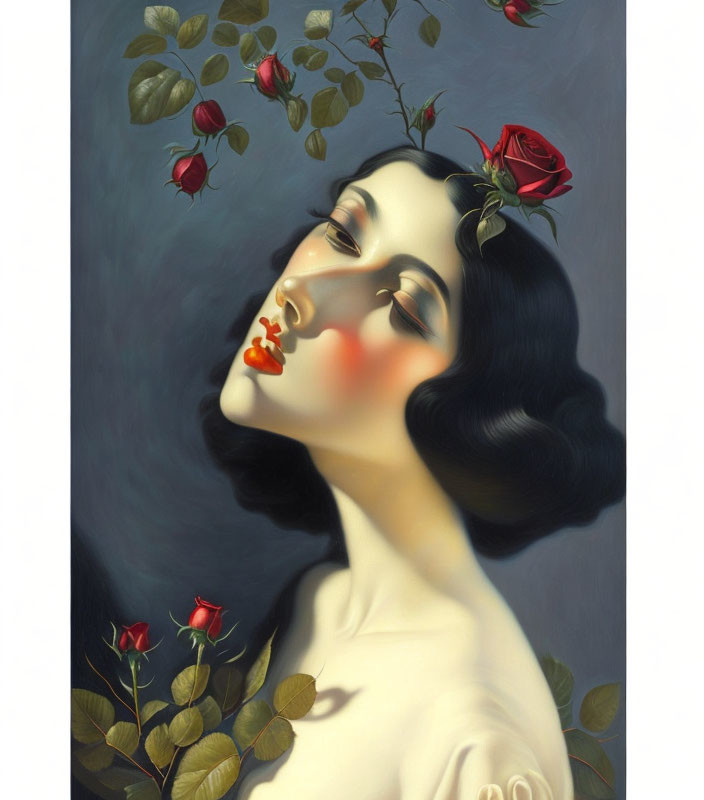 Portrait of Woman with Dark Hair and Rosy Cheeks Surrounded by Red Roses