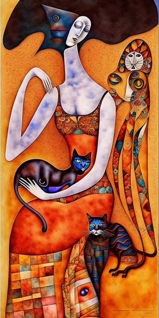 Vibrant painting of elongated figures, cats, and geometric patterns