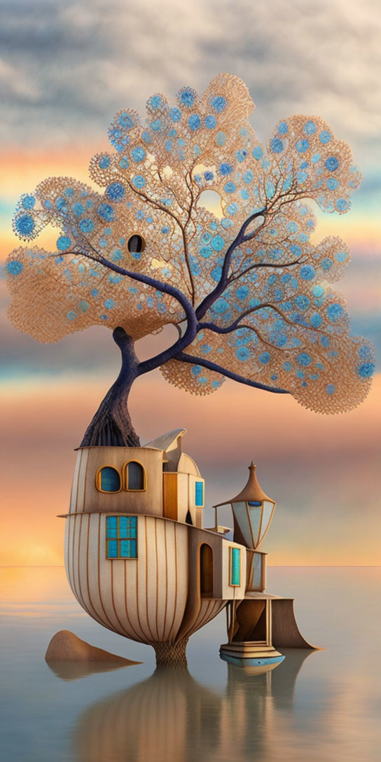 Whimsical tree with blue leaves on ship-like house floating on reflective sea