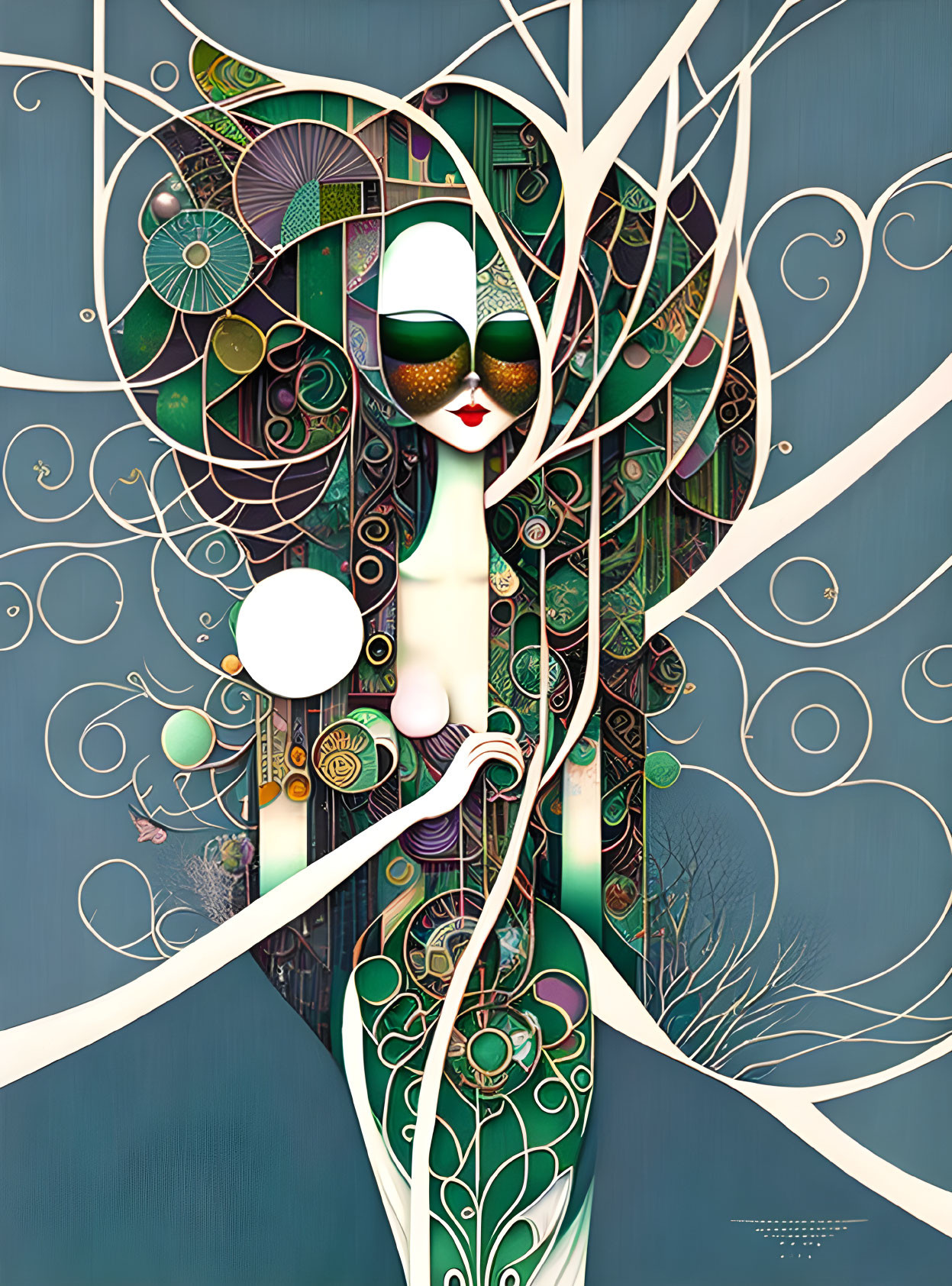 Stylized white-haired woman with sunglasses in Art Nouveau design on blue background