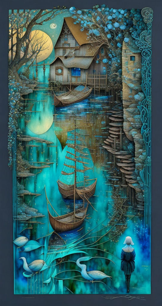 Tranquil waterscape with boats, house on stilts, herons, and moon-like spheres