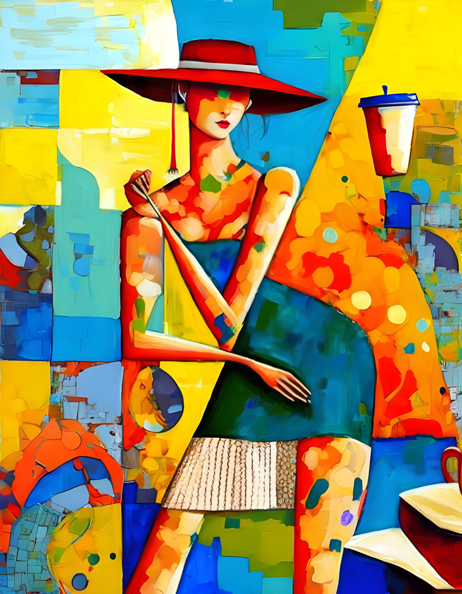 Abstract painting featuring stylish woman in wide-brimmed hat and colorful dress on vibrant backdrop.