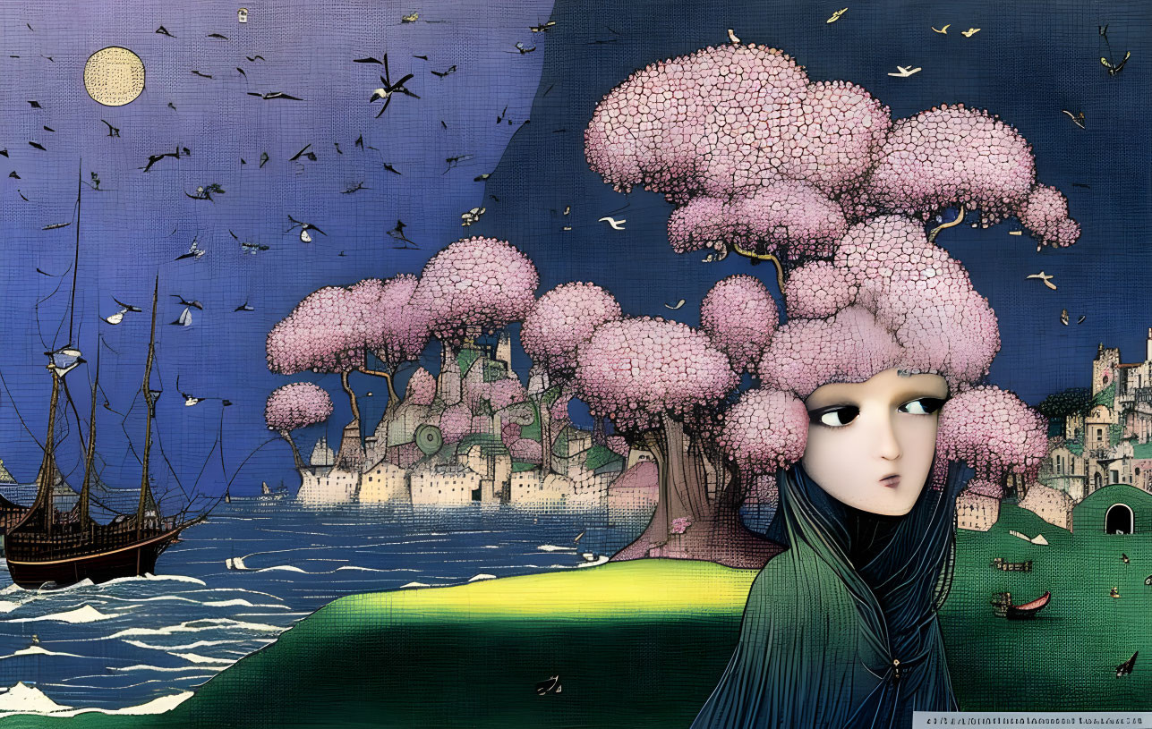 Surreal illustration of face merging with landscape and pink tree hair under night sky