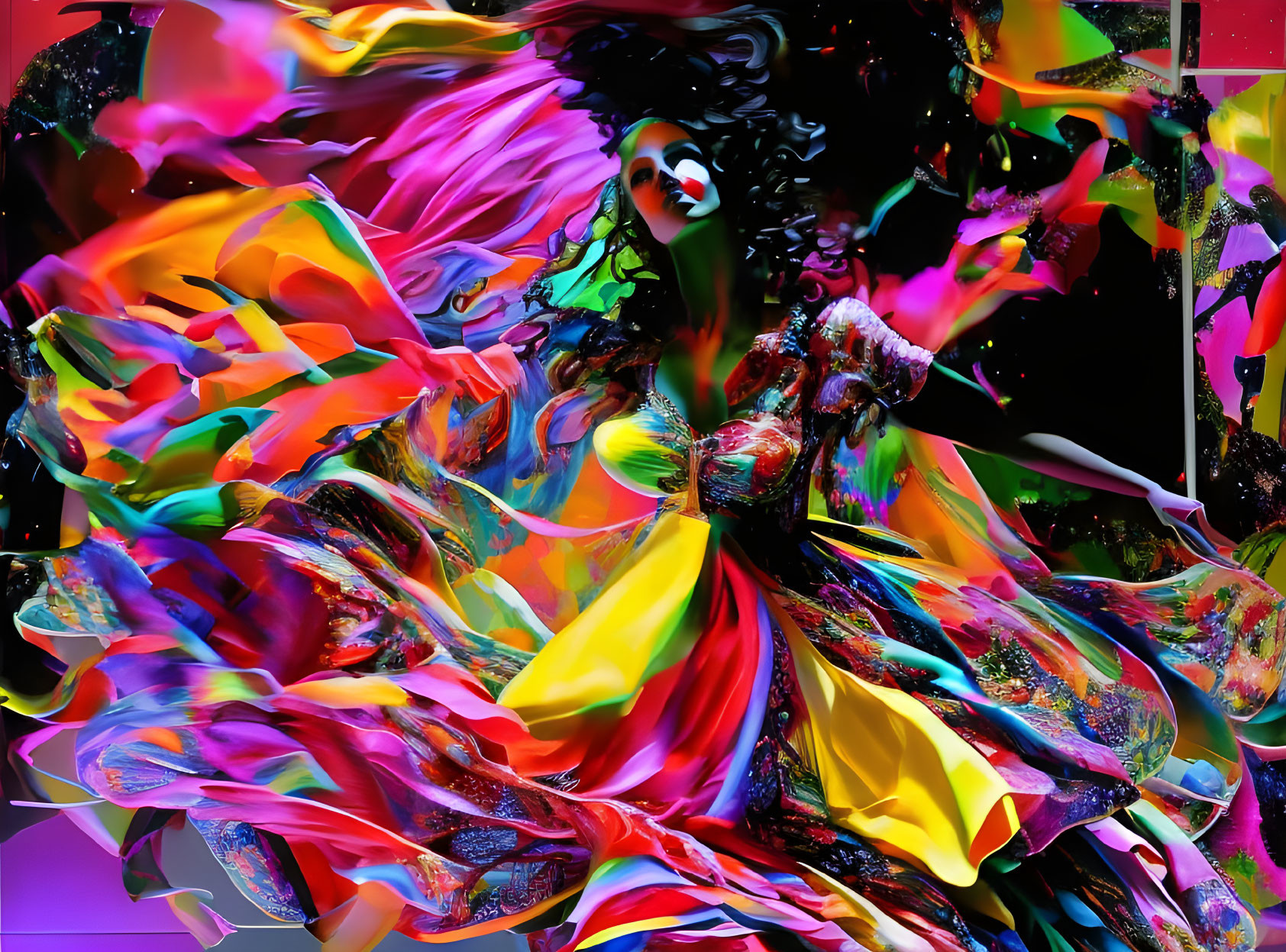 Colorful digital artwork of a woman in flowing dress with abstract elements