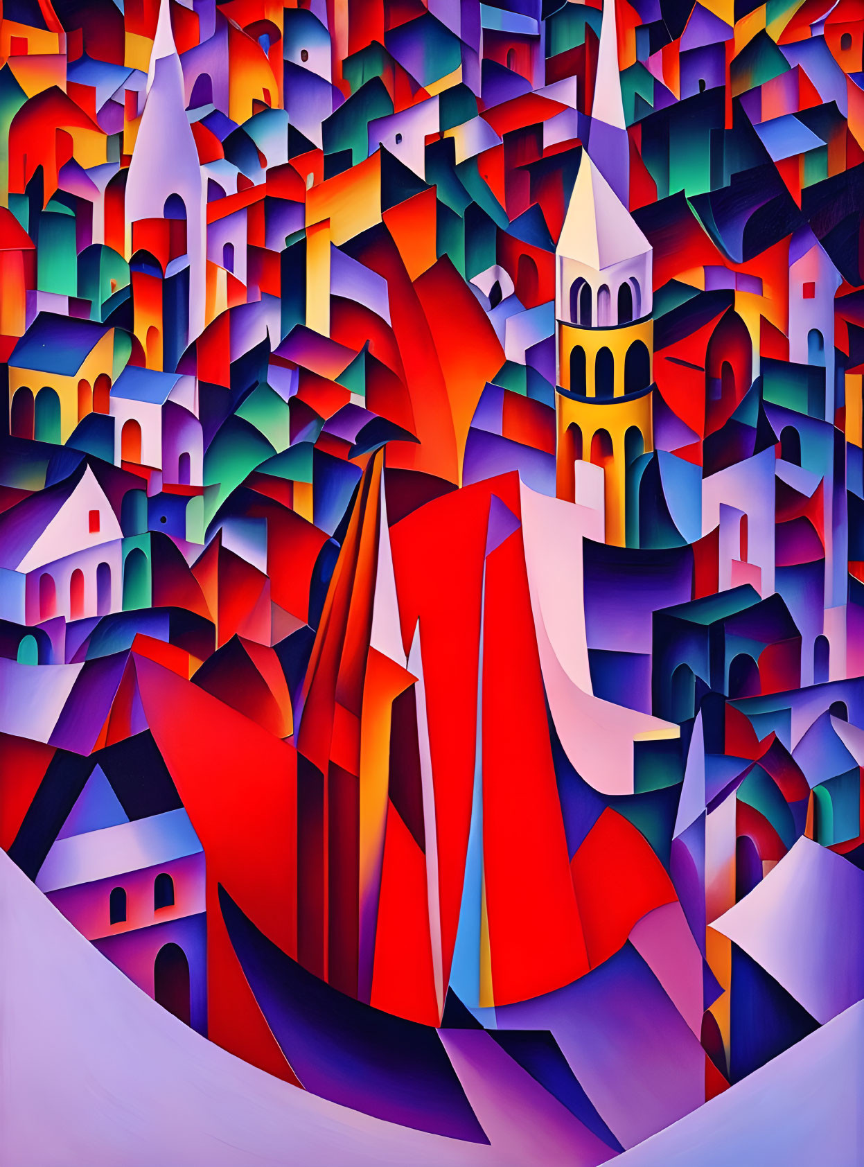 Abstract geometric painting of stylized cityscape with red structure