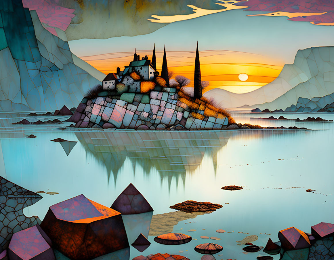 Surreal landscape with castle on rocky island, geometric shapes, serene lake, warm sunset, colorful