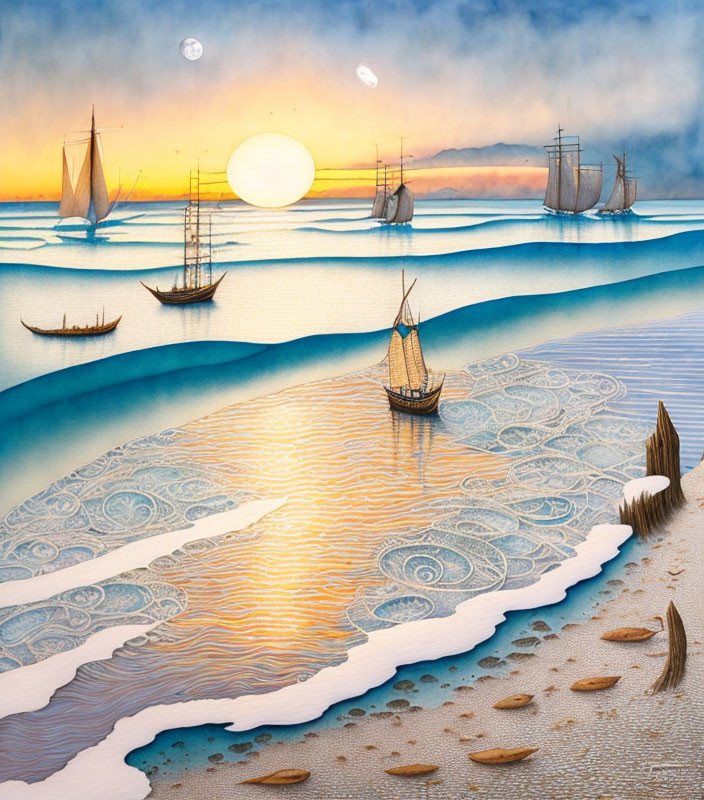 Scenic sunset artwork with sailboats on wavy seas and intricate patterns.