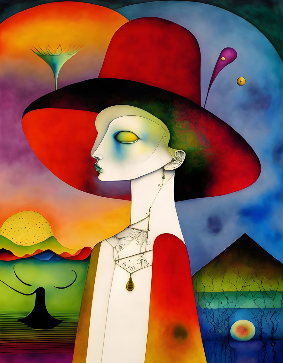 Colorful Stylized Illustration of Figure with Red Hat & Surreal Landscape