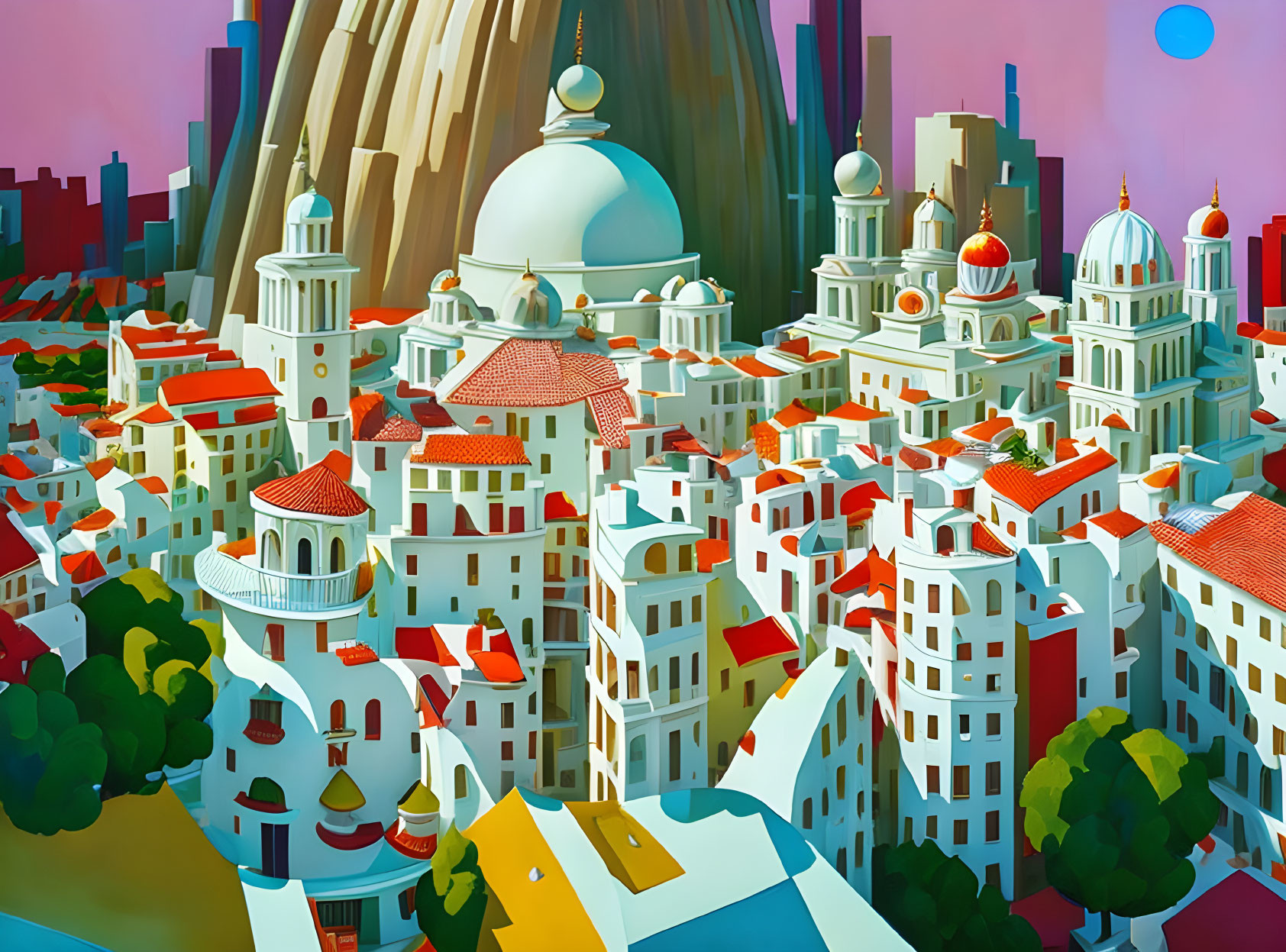 Vibrant illustration of fantastical cityscape with diverse architecture