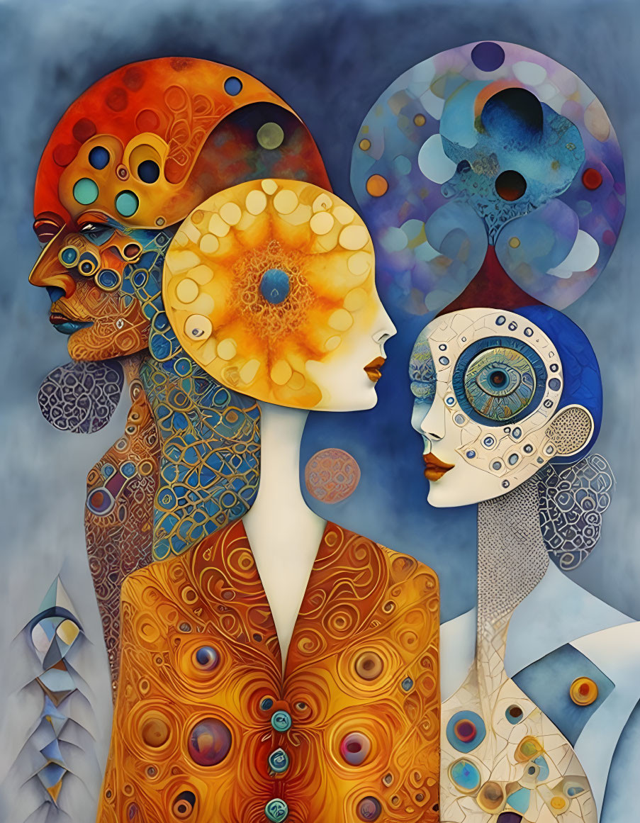 Colorful surreal artwork of stylized figures with intricate patterns on blue background