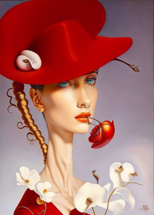 Surrealist portrait of woman with red hat, blue eyes, rose, white flowers, and floating