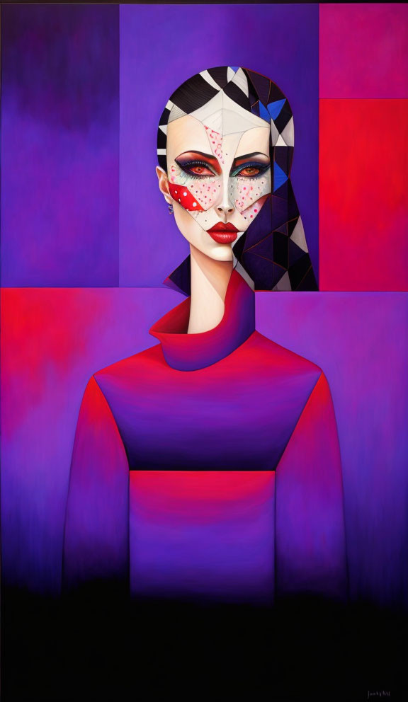 Geometric Patterned Woman Portrait in Purple and Red