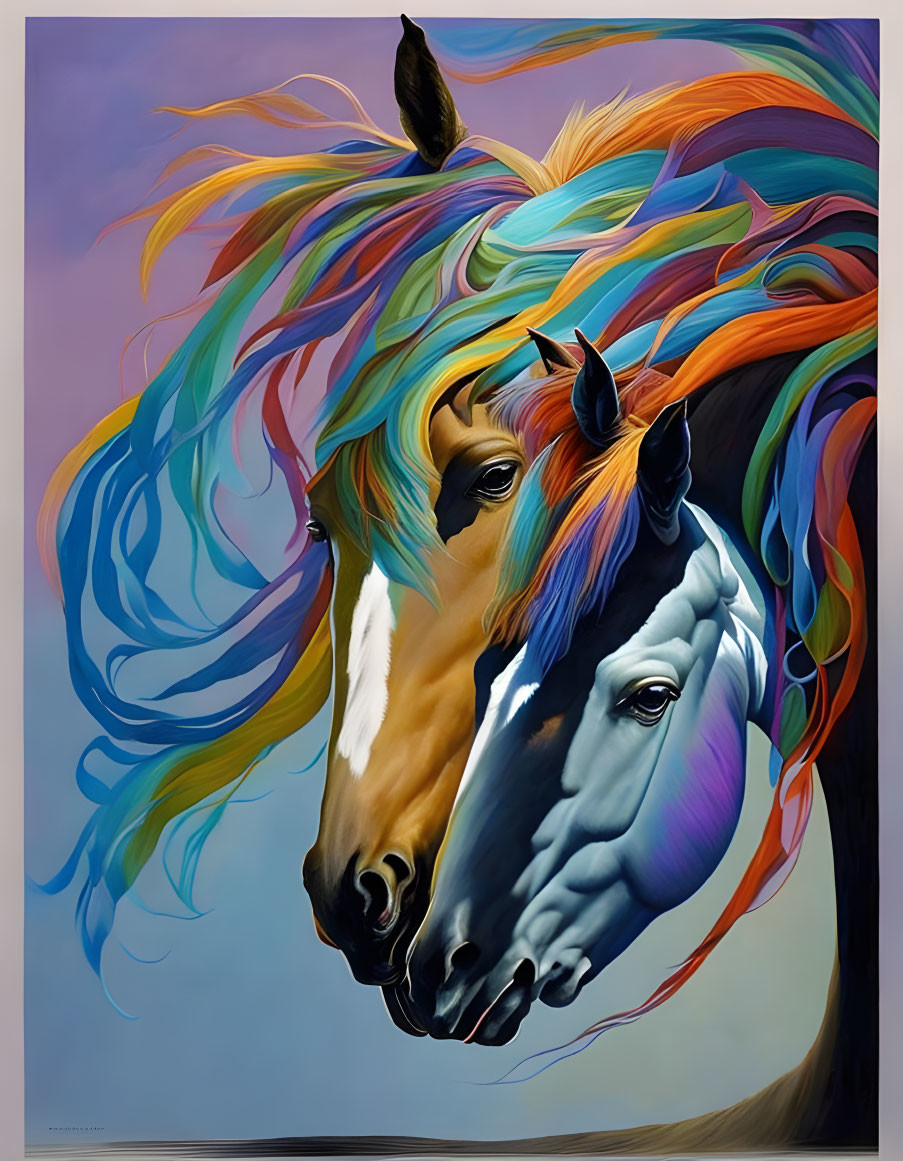 Vibrant rainbow maned horses blend in colorful artistic depiction