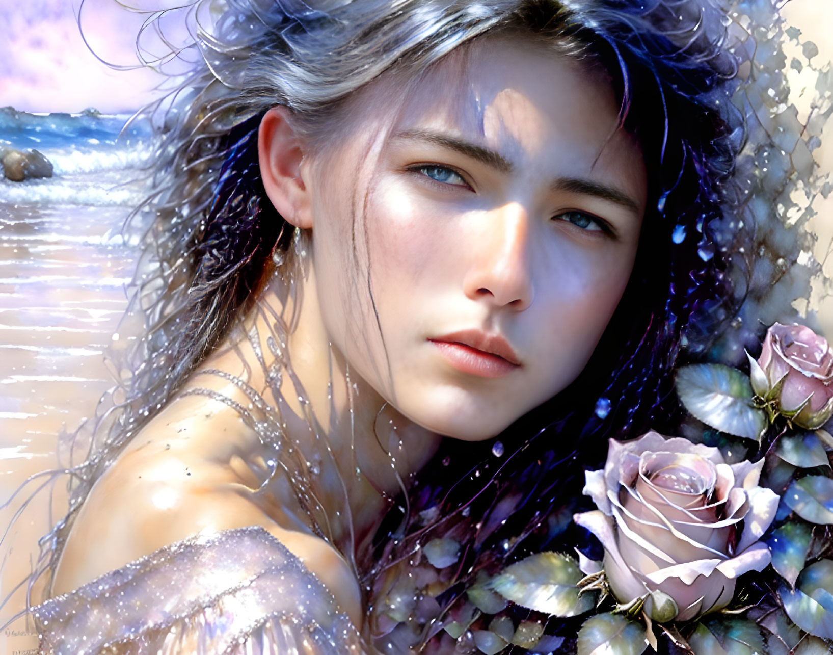 Digital artwork: Wet hair person in ethereal attire with seashells and rose on beach.