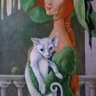 Colorful surrealist painting: Woman with red hair, teardrop, white cat with geometric body