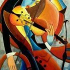 Colorful Abstract Painting: Stylized Figure Playing Guitar