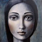 Surrealist portrait of a woman with exaggerated blue eyes and celestial elements