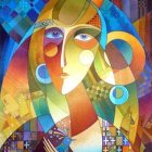 Vibrant surreal portrait of woman with abstract patterns in purple, blue, and yellow