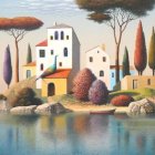 Surreal landscape with floating island and whimsical buildings