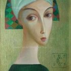 Surreal female portrait with green eyes and elaborate headdress