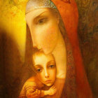 Solemn woman in red cloak holding child's face against golden backdrop