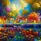 Colorful fantasy landscape with mirror-like lake at dusk