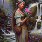 Silver-haired woman with blue eyes holding a purple rose by a rocky stream