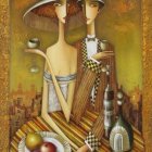 Vintage-style Artwork: Elegant Couple in Stylized Attire by Table with Tea Cup and Wine