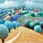 Whimsical painting of blue trees, rolling fields, village with red-roofed houses