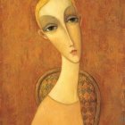 Stylized elongated figure with asymmetric eyes in warm-toned background