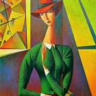 Vibrant Cubist-style painting of a woman with headpiece and palette