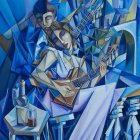 Surrealist blue-toned artwork of two elongated figures at a lavish table