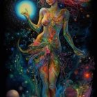 Illustration of Woman with Flowing Hair and Cosmic Floral Elements