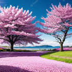 Vibrant landscape with pink cherry blossom trees and purple flower fields