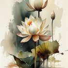 Lotus Flower Illustration with Butterflies on Cream Background