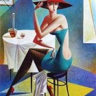 Abstract artwork of woman in blue dress at table with drink and macarons, hat, colorful background