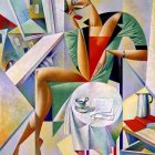 Vibrant Abstract Cubist Painting of Stylized Female Figure