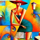 Abstract painting featuring stylish woman in wide-brimmed hat and colorful dress on vibrant backdrop.