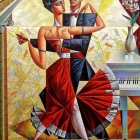 Vibrant Cubist-style Couple Dancing Painting