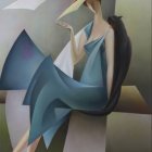 Surreal painting: Elegant woman entwined with abstract faces in cool hues and golden accents