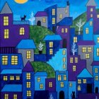 Whimsical blue and purple town painting with crescent moon and stars