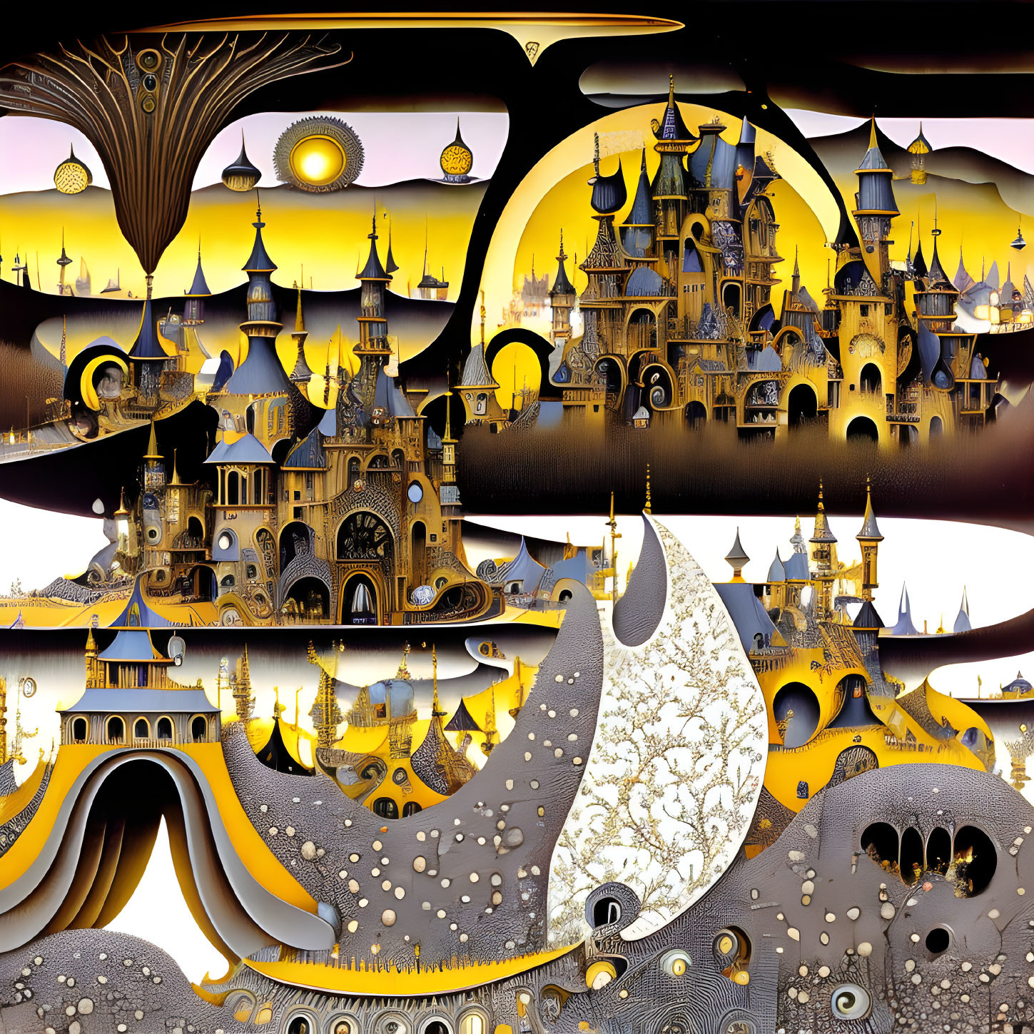 Fractal-like castle scene with moon in gold, black, and white palette