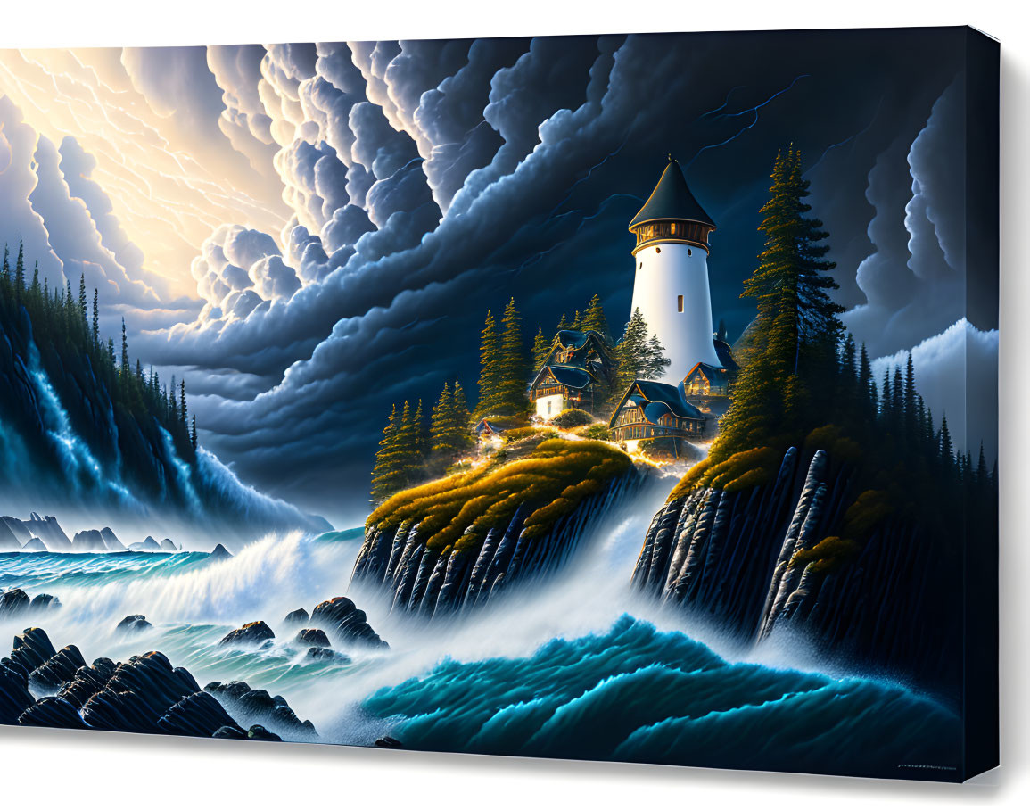 Fantasy artwork: Lighthouse, buildings, waterfalls, stormy sky, pine trees