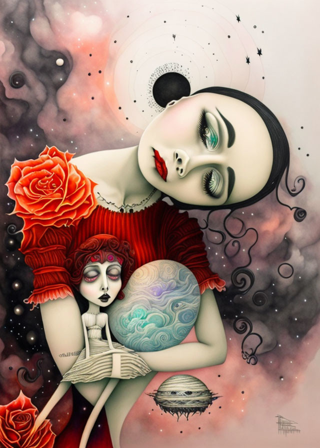 Surreal artwork: woman with large eyes, red roses, figure cradling planet, cosmic