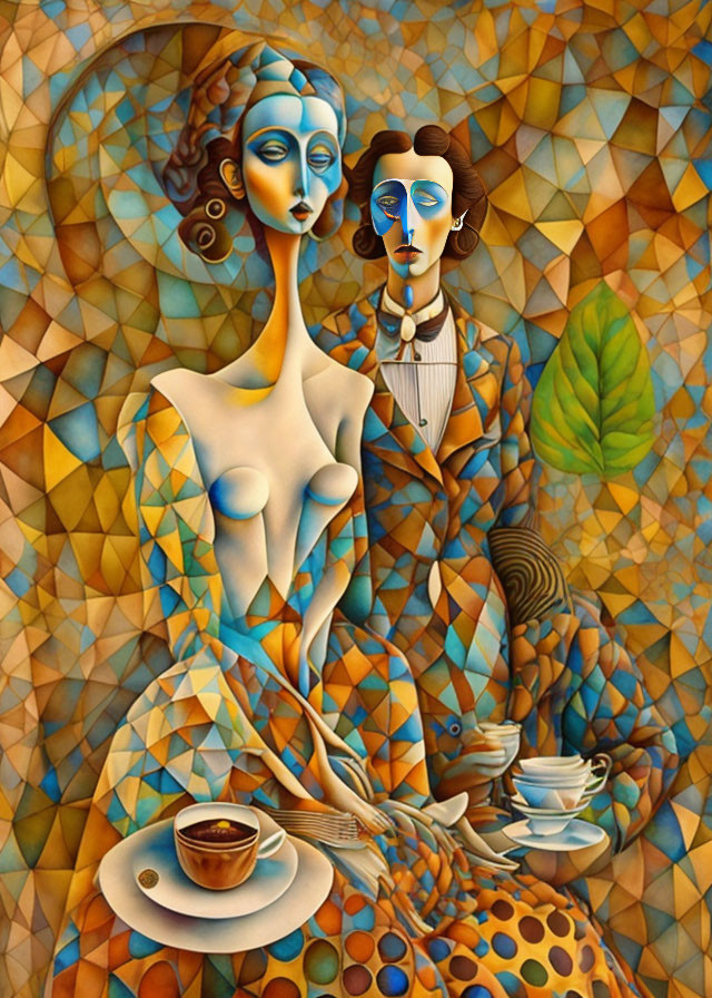 Cubist-style artwork of two figures in warm palette with coffee cup