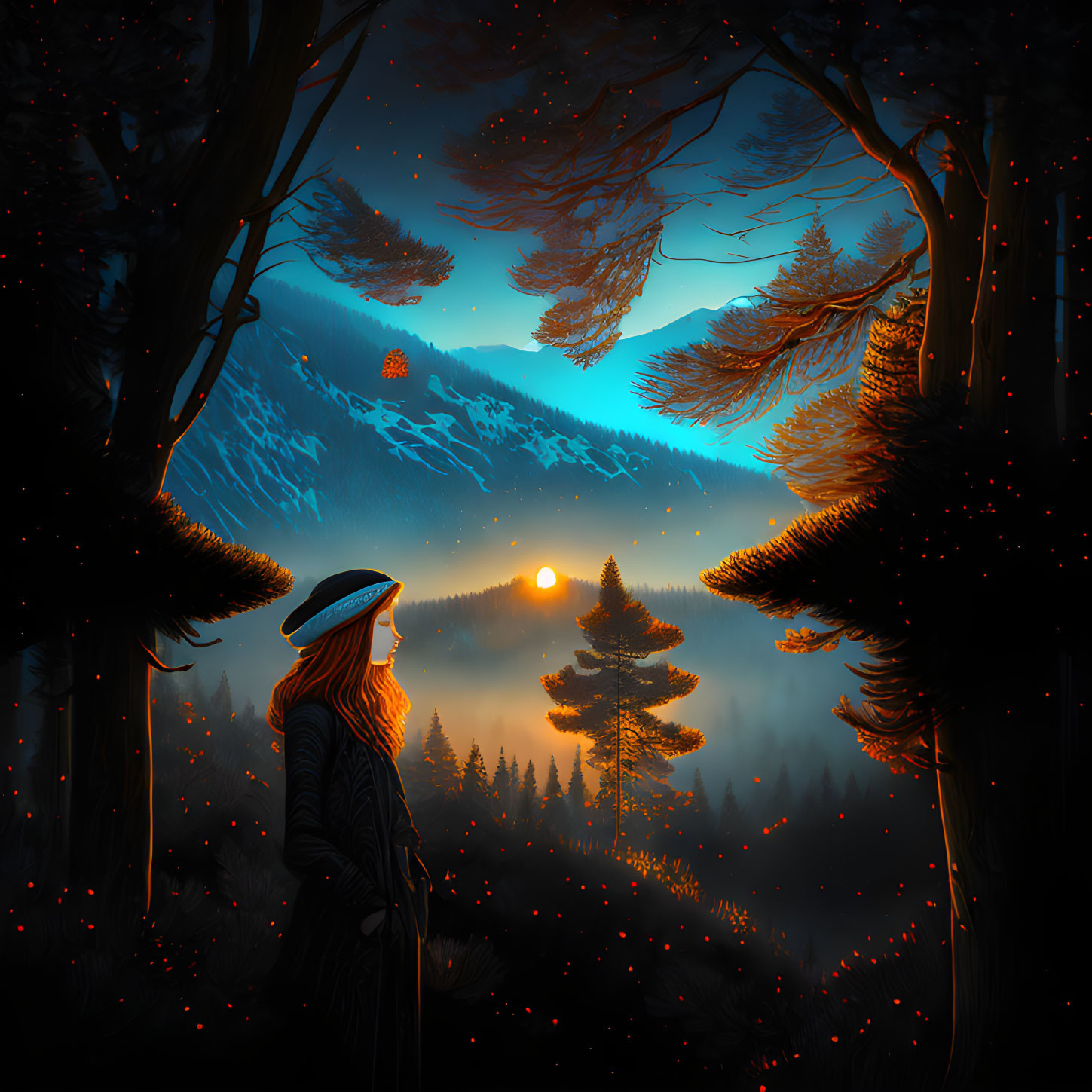 Person in hat in mystical forest at twilight with glowing lights and mountain backdrop.